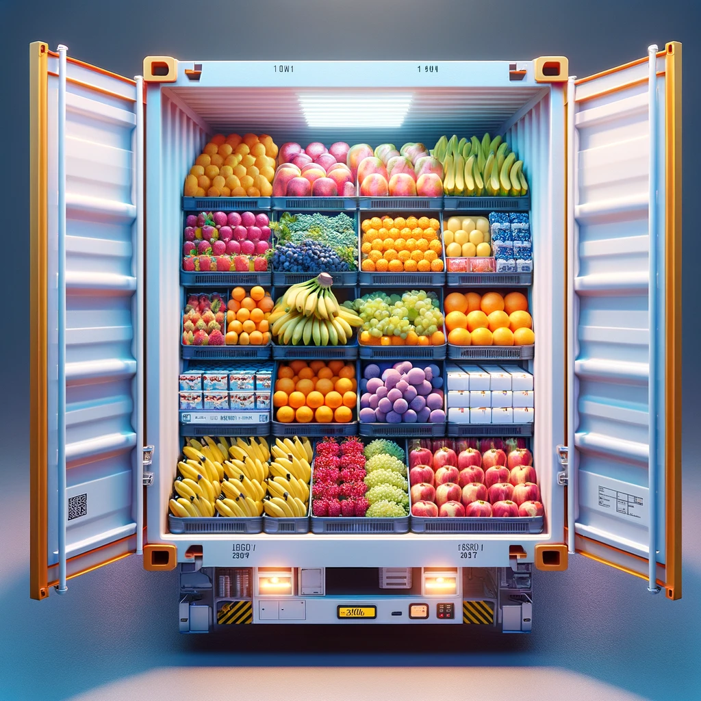 Refrigerated truck with doors open showing shelves of fresh fruit