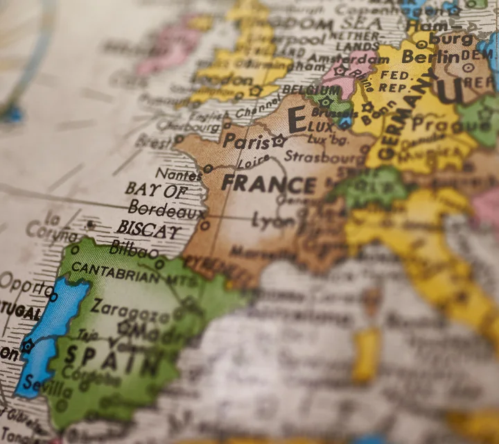 Close-up of a world globe showing Europe