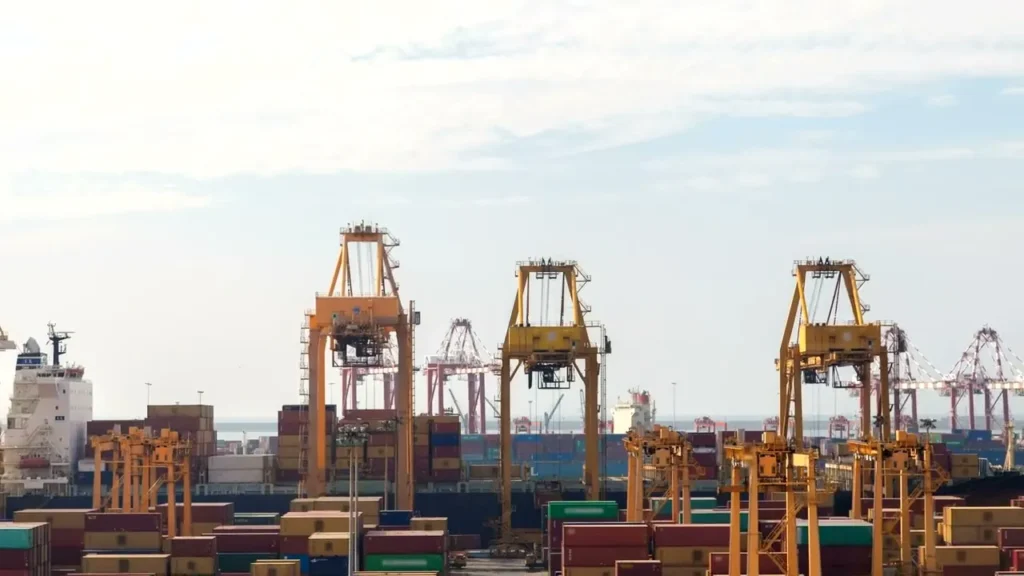 Gantry cranes over a container yard at the port