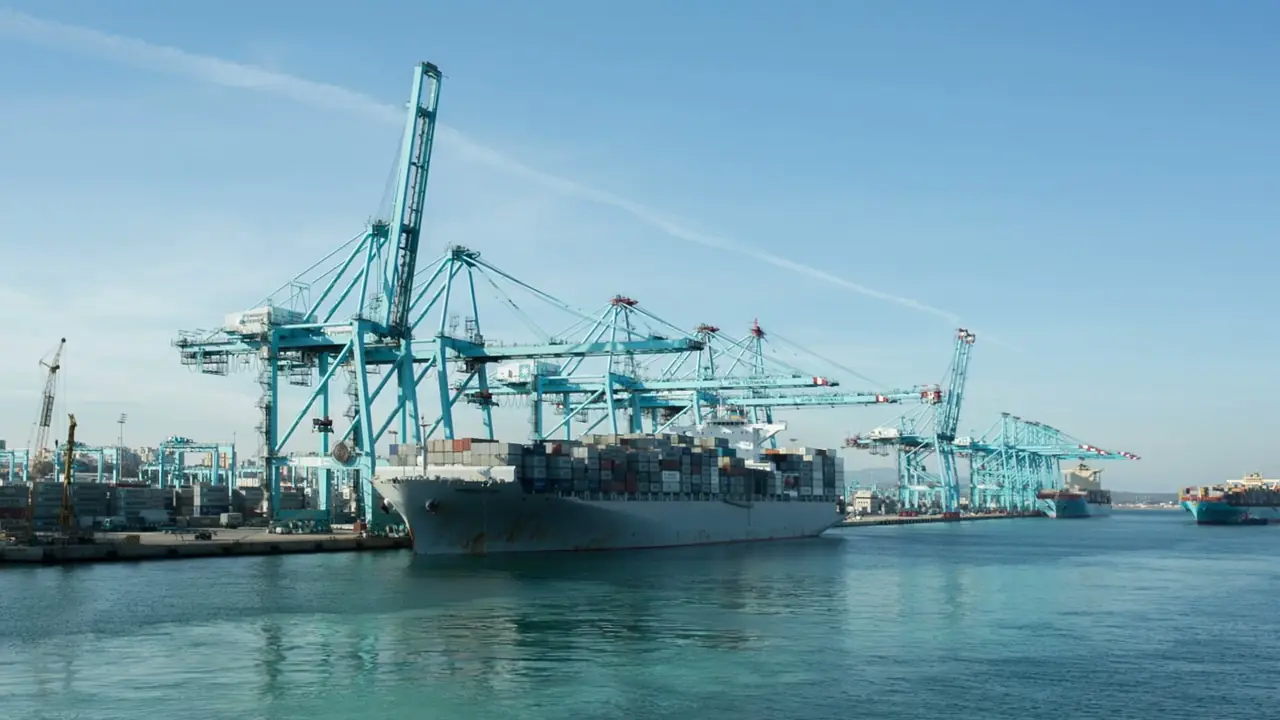 Container vessel berthed at a port with blue cranes